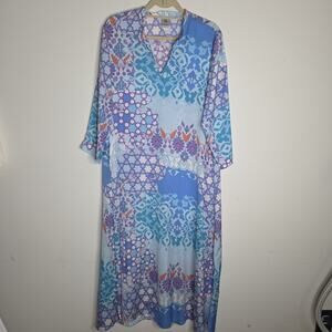 Natori Women's L Blue Floral Kaftan Dress Maxi Lounge Pockets